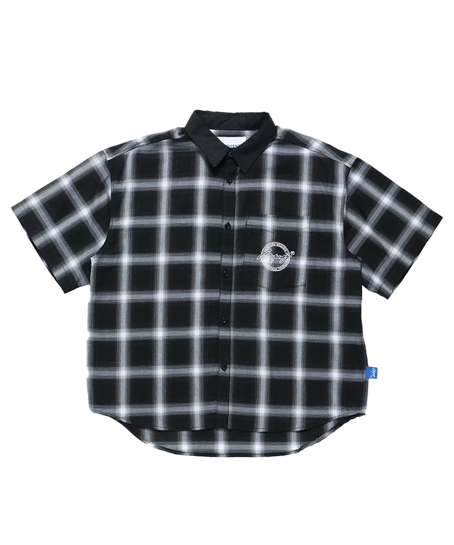 【SEQUENZ】CHECK CLERIC S/S SHIRT / 半袖シャツ オープンカラー オンブレチェック サークルロゴ ブランド ワンポイント